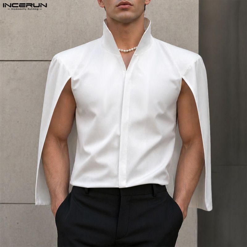 Mens Fashion Poncho - INCERUN 남성 셔츠 솔리드 컬러 스탠드