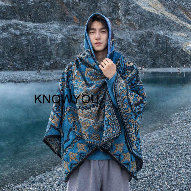 Mens Fashion Poncho - 남성용 두꺼운 야외 여행용 숄(모자 포함)
