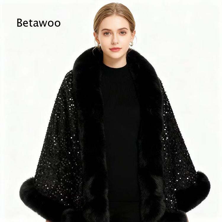 여성용 짧은 판초 케이프, 퍼 칼라와 스팽글 장식, 플 - Mens Fashion Poncho 리뷰 및 가격