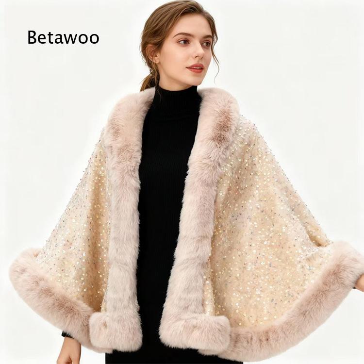 여성용 짧은 판초 케이프, 퍼 칼라와 스팽글 장식, 플 - Mens Fashion Poncho 리뷰 및 가격