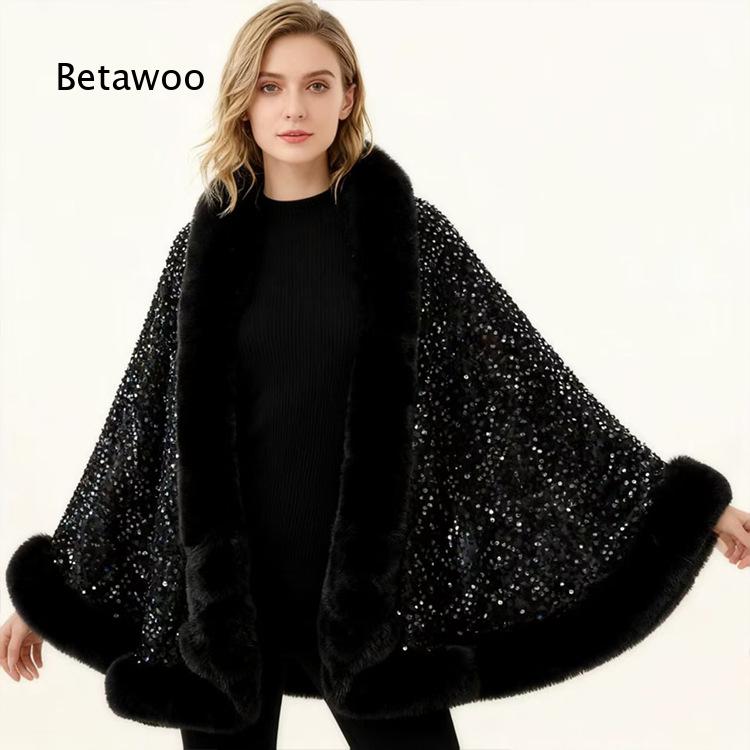 여성용 짧은 판초 케이프, 퍼 칼라와 스팽글 장식, 플 - Mens Fashion Poncho 리뷰 및 가격